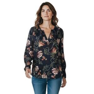 Loft Women's Peasant Top L Black Pink Floral Print Long Sleeve Ruffle Split Neck